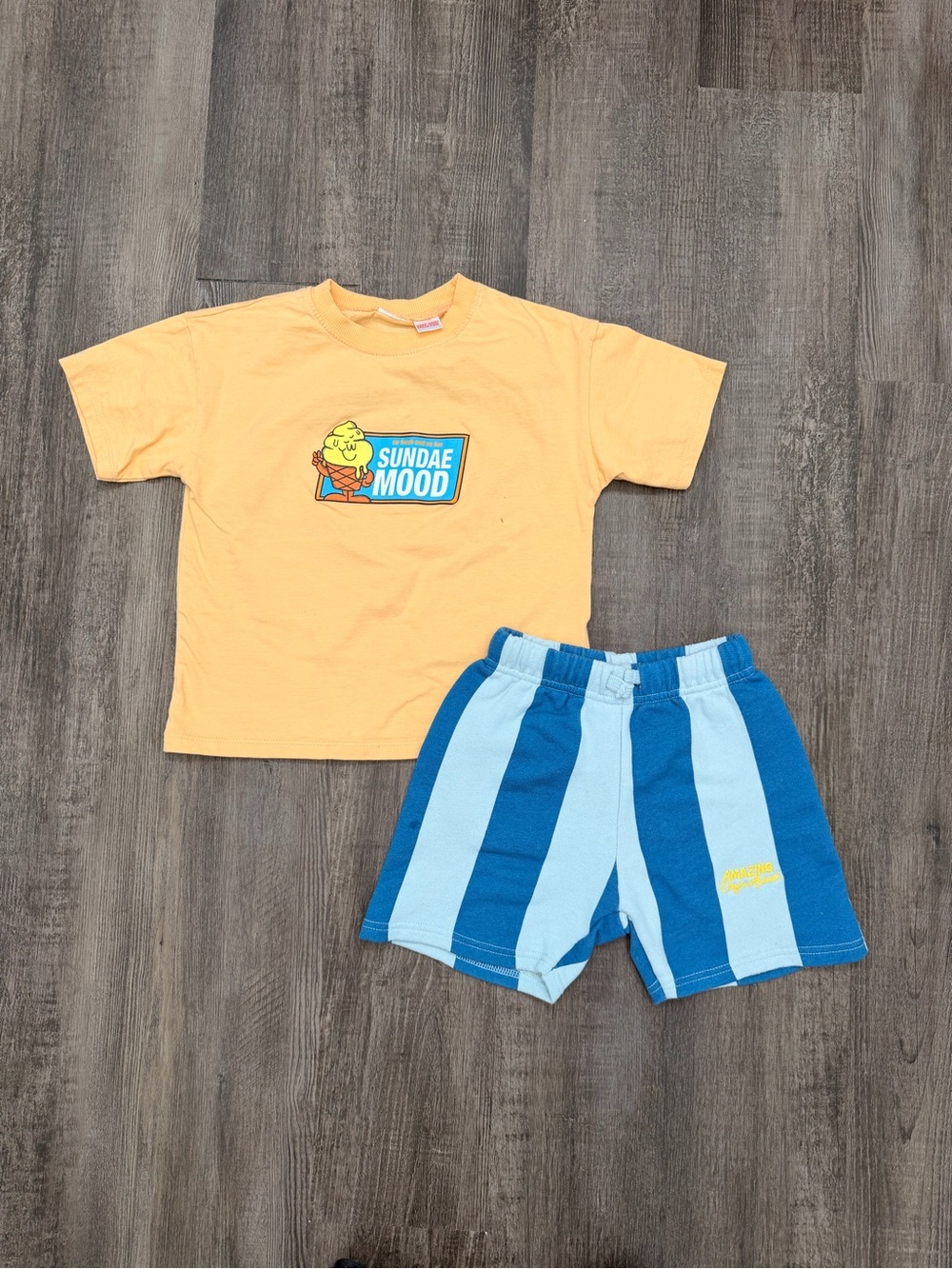 Zara Orange Ice Cream Tee & Blue Striped Shorts